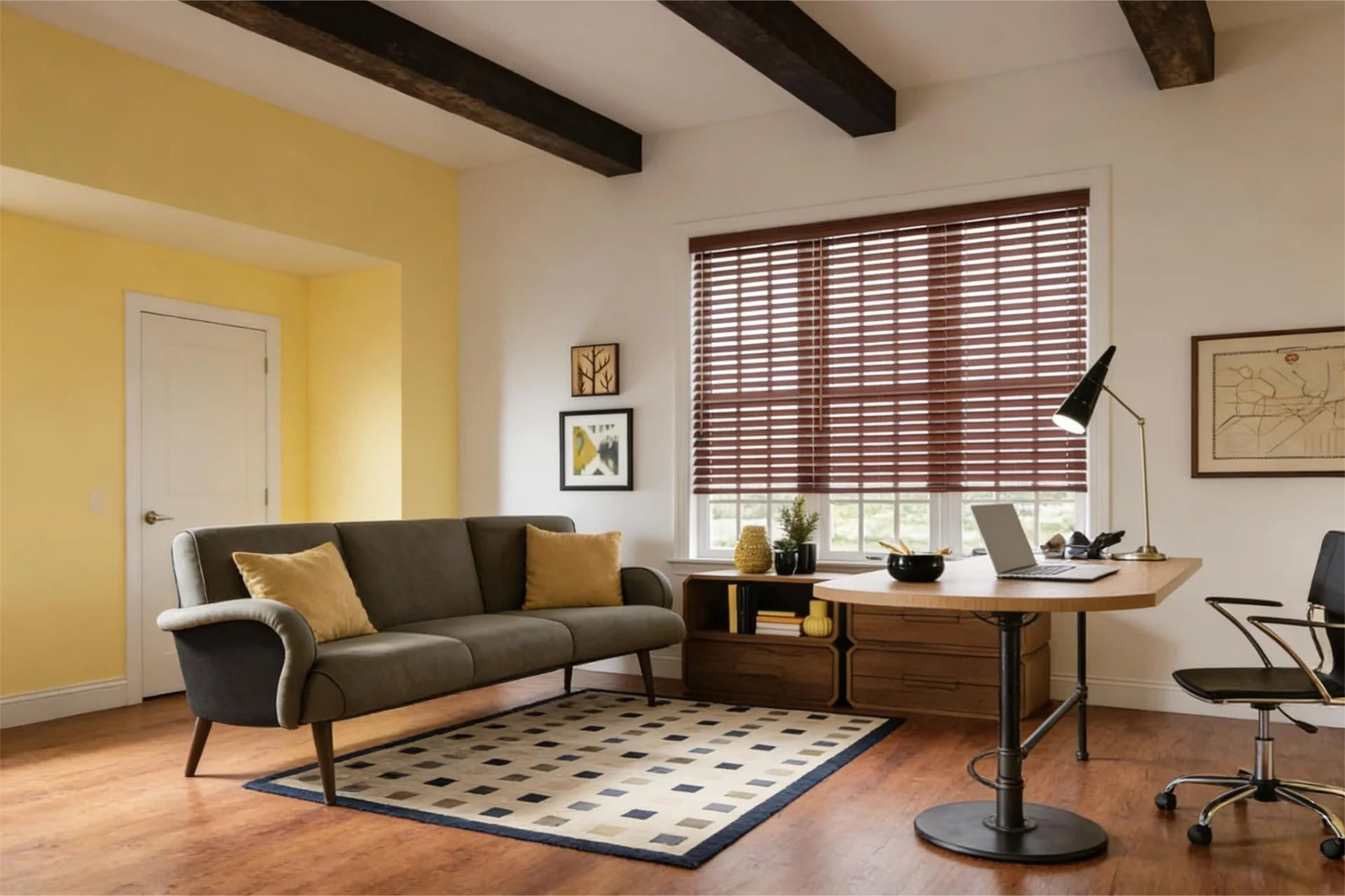 Modern home office featuring a gray sofa, wooden desk with a laptop and lamp, yellow walls, and decorative elements like blinds and artwork.