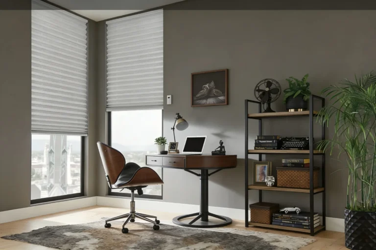Contemporary home office with a desk, swivel chair, laptop, bookshelves, and plants, featuring a neutral color palette and large window view.