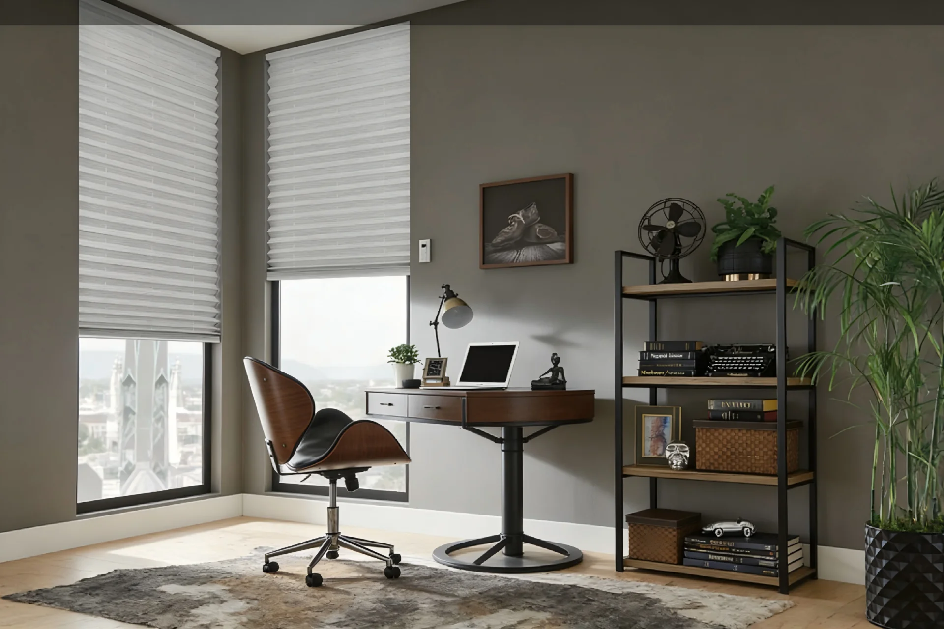 Contemporary home office with a desk, swivel chair, laptop, bookshelves, and plants, featuring a neutral color palette and large window view.