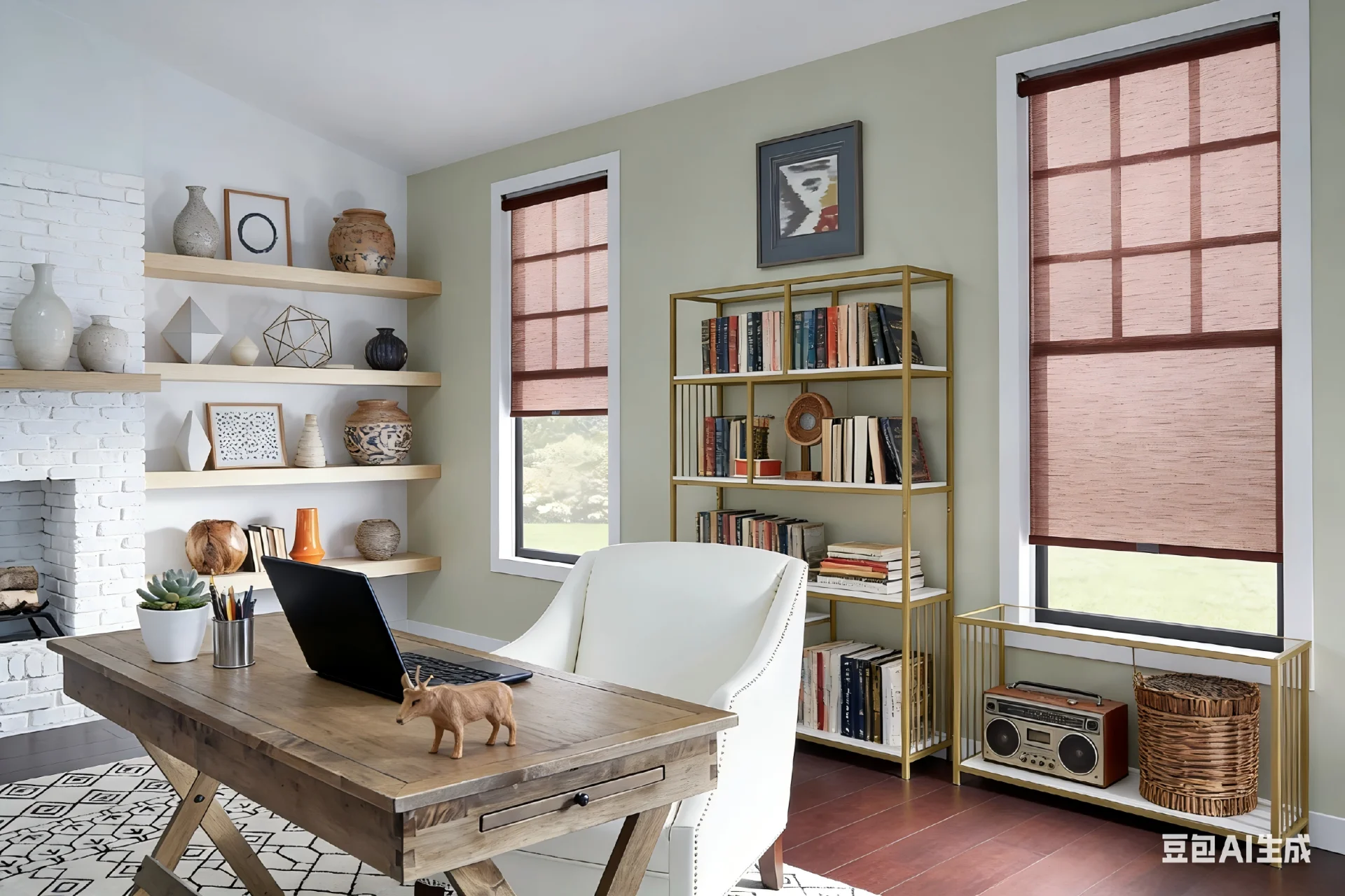Stylish home office featuring a wooden desk with laptop, white chair, shelves with decorative items, and a bookshelf.