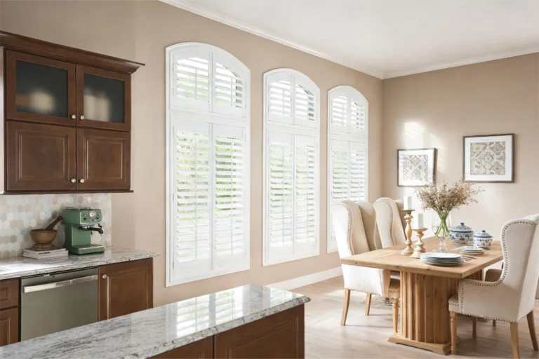 A modern kitchen and dining area featuring wooden cabinets, granite countertops, a green espresso machine, and large windows with white shutters letting in natural light.