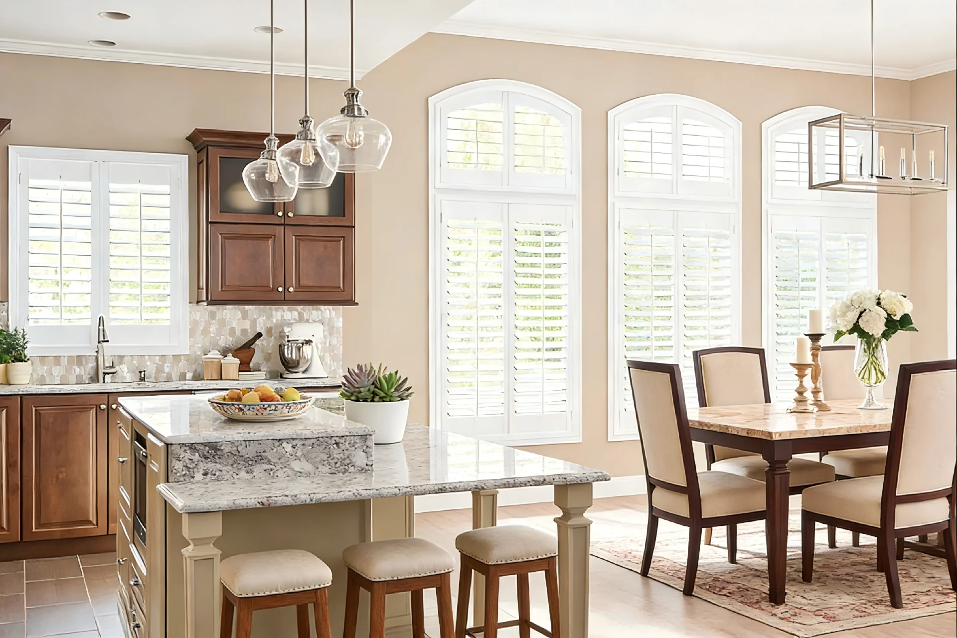Open kitchen and dining area with wooden cabinets, marble countertops, and large windows with shutters, featuring pendant lighting.