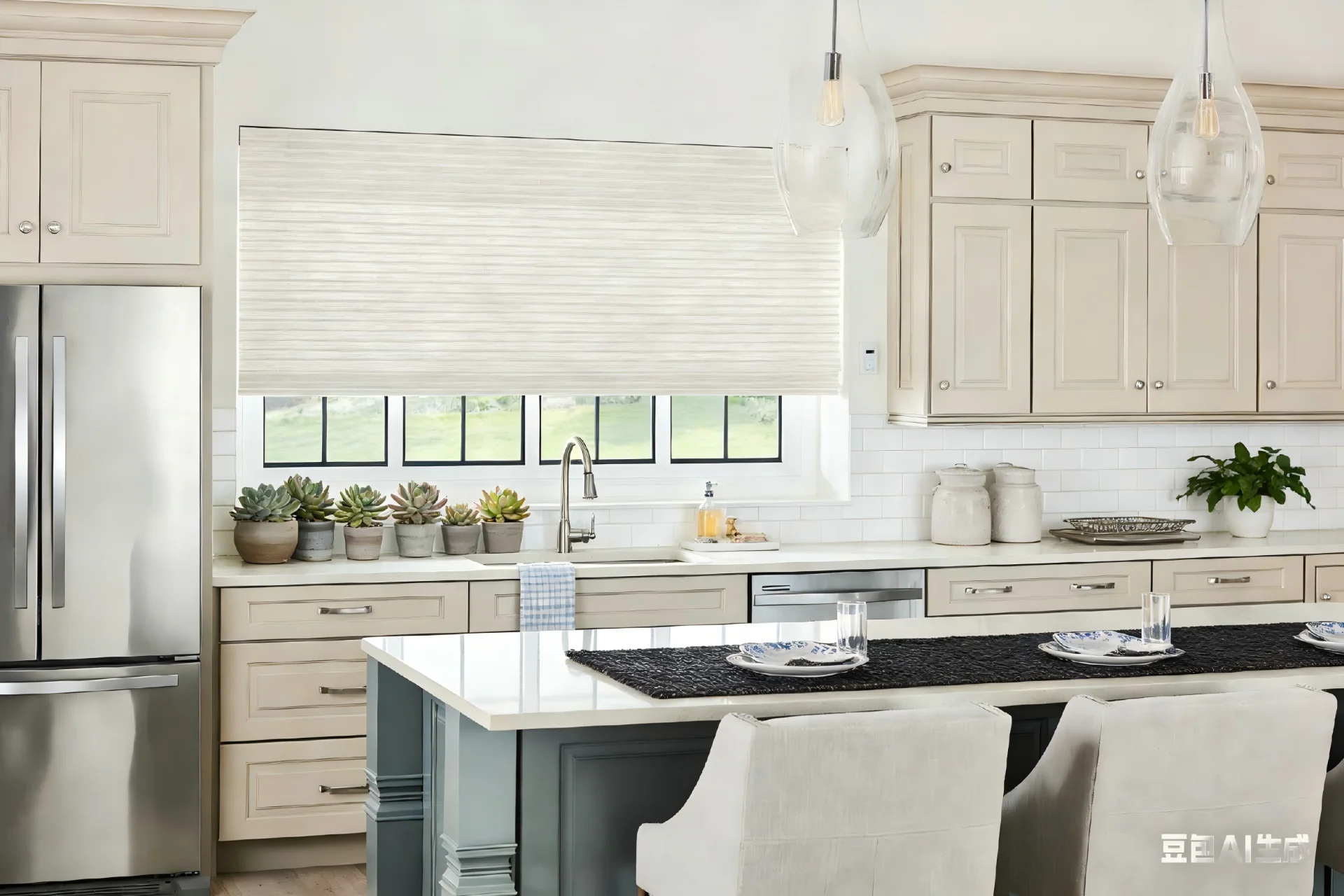 Bright kitchen with beige cabinets, a stainless steel fridge, succulents on the counter, and large pendant lights.