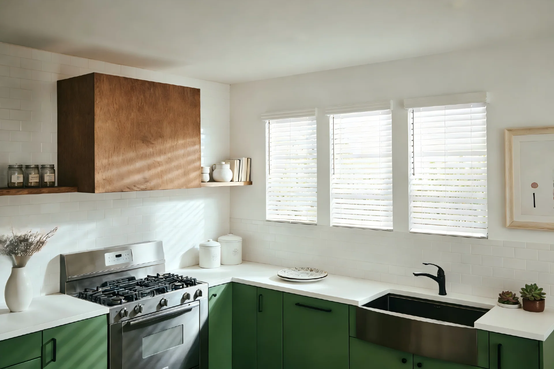 Contemporary kitchen featuring green cabinets, stainless steel stove, wooden shelves with decor, and natural light through blinds.