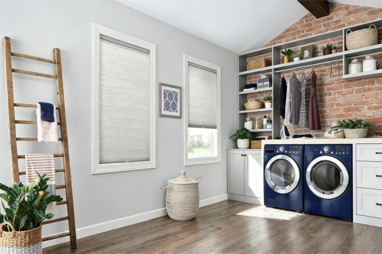 Stylish laundry room featuring blue washers, wooden ladder with towels, plants, and brick accent wall with shelves.