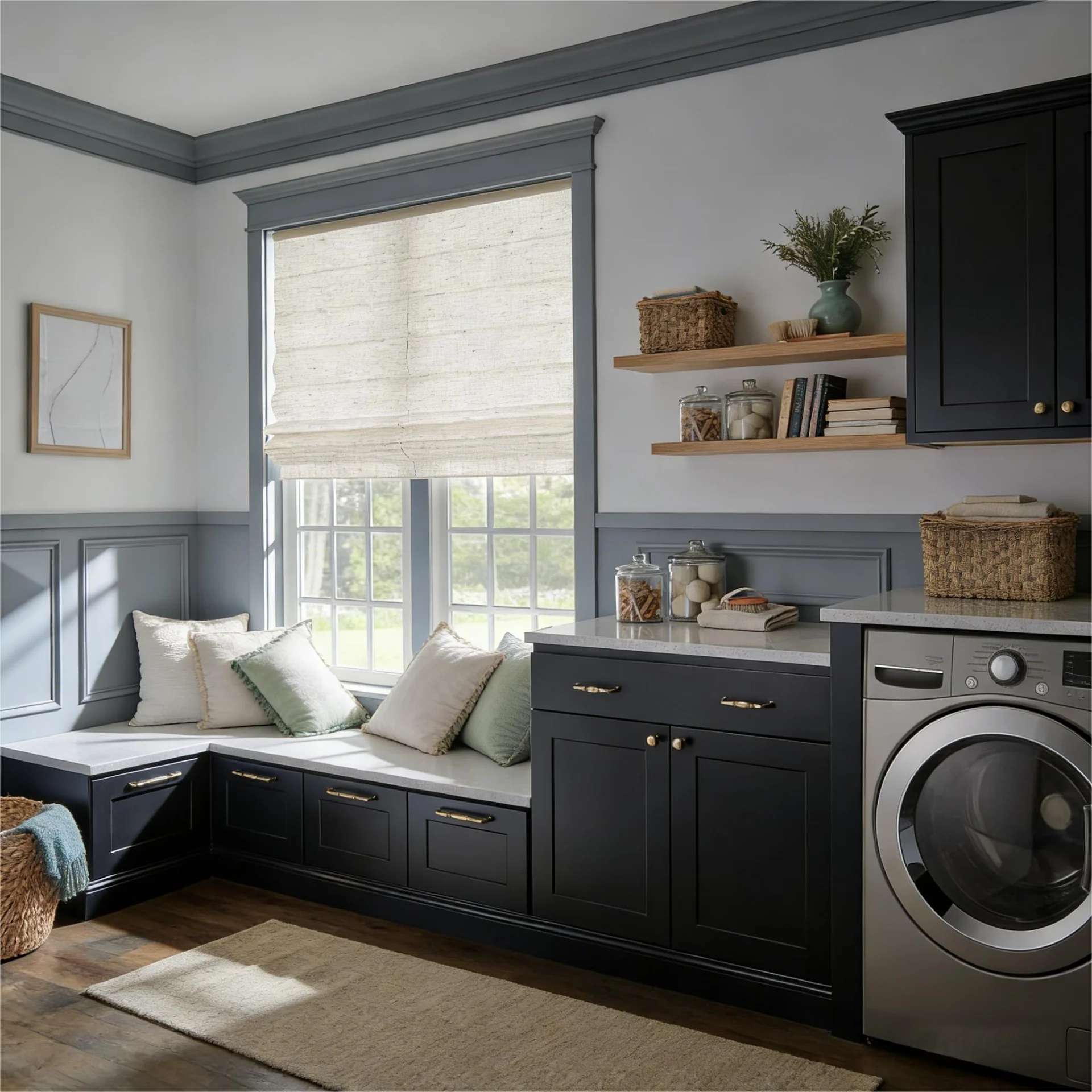 Stylish laundry room featuring a window seat with cushions, navy cabinets, a washing machine, and floating wooden shelves.