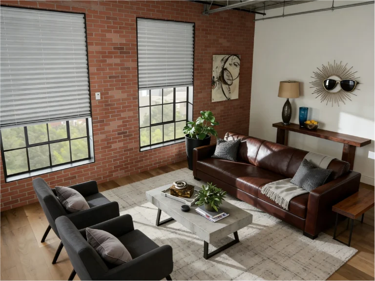 Contemporary living room featuring brick walls, leather sofa, concrete coffee table, and decorative elements like a sunburst mirror.