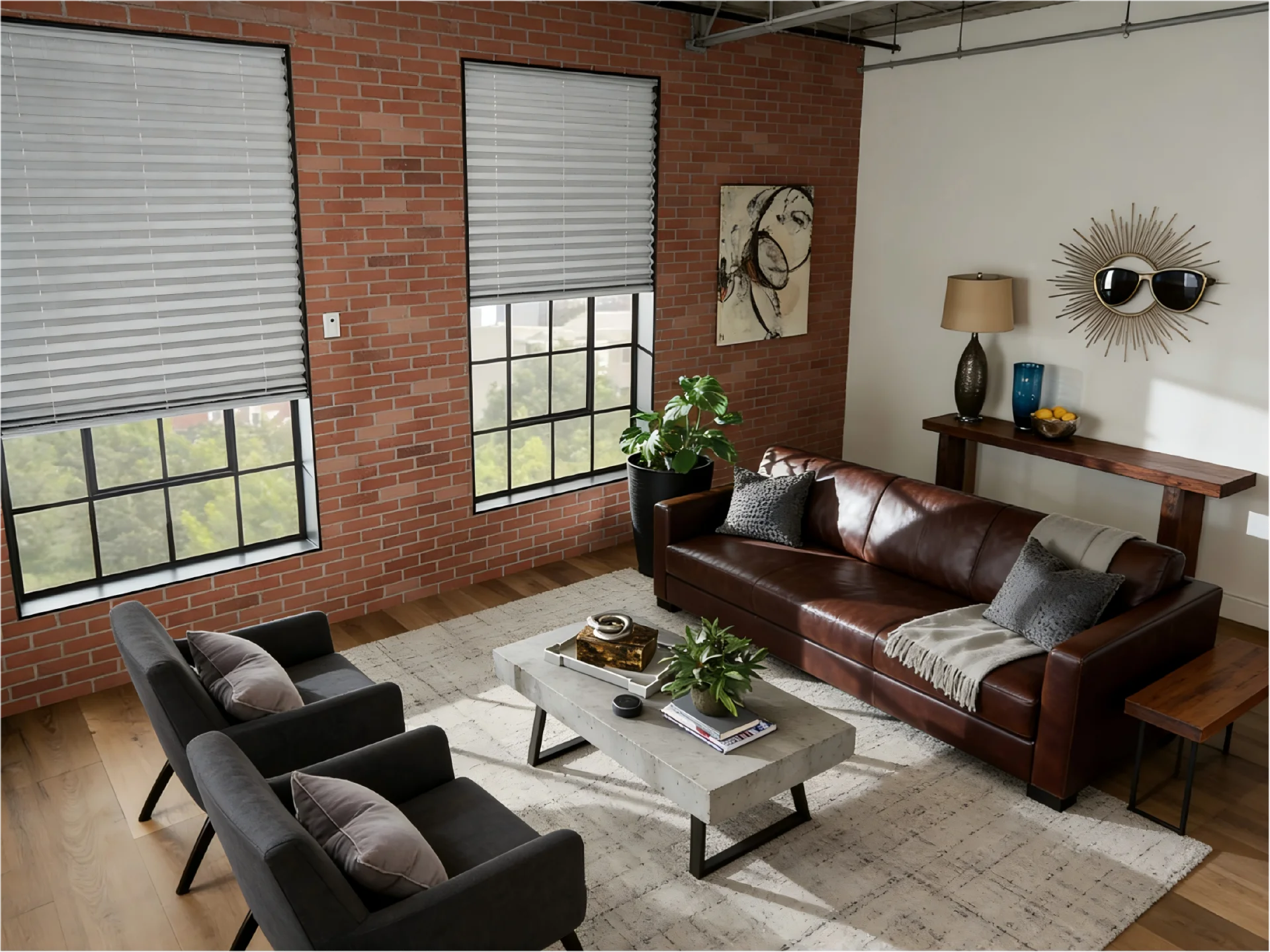 Contemporary living room featuring brick walls, leather sofa, concrete coffee table, and decorative elements like a sunburst mirror.