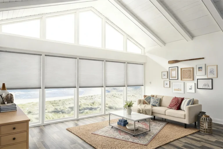 Spacious living room featuring large windows with roller blinds and a view of the coast. Includes a beige sofa, decorative cushions, and framed artwork.