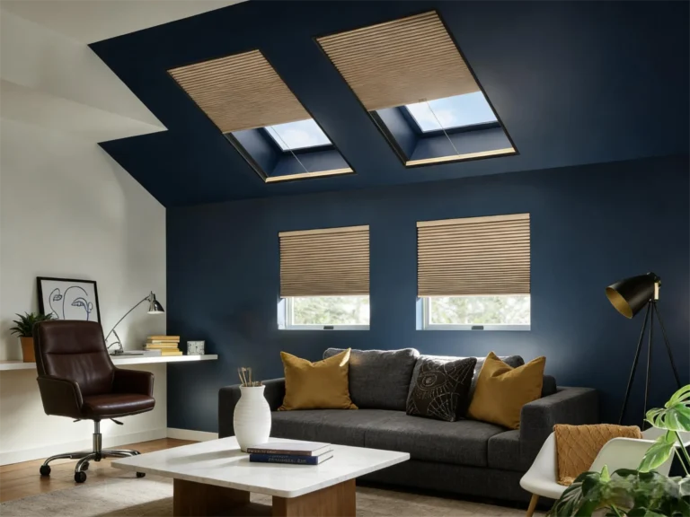 Modern living room featuring skylights, navy accent wall, gray sofa, and office chair near desk with lamp and decorative items.