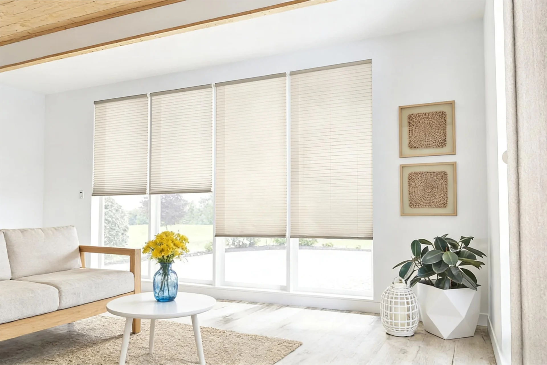 Bright living room featuring beige window blinds, a cozy sofa, a round table with yellow flowers in a blue vase, and decorative wall art.