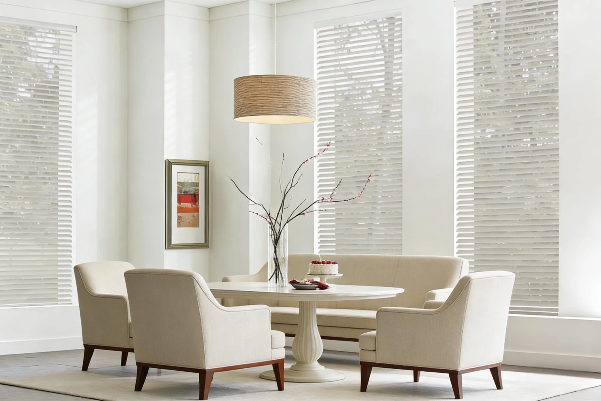 A modern dining room with a round table, four beige upholstered chairs, and a three-seater sofa. Large windows with blinds and a pendant lamp above enhance the minimalistic decor.
