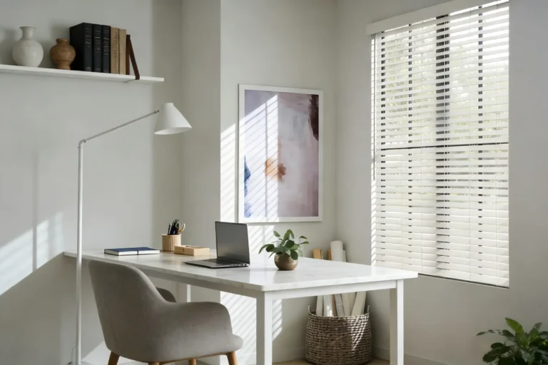 A modern home office featuring a white desk with a laptop, chair, and potted plant, illuminated by natural light from window blinds.