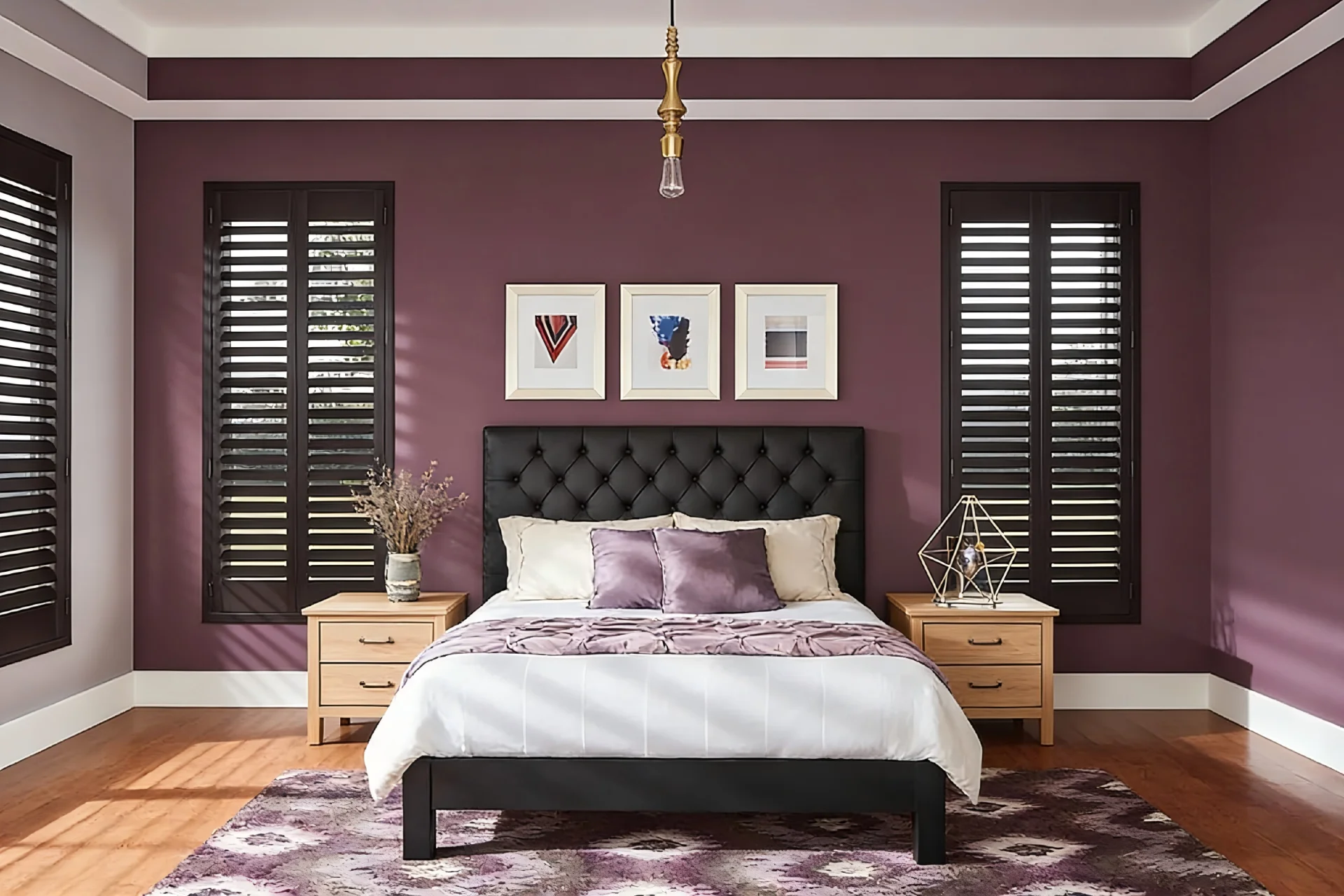 Stylish bedroom with purple walls, upholstered headboard, framed art, wooden nightstands, and geometric decor.