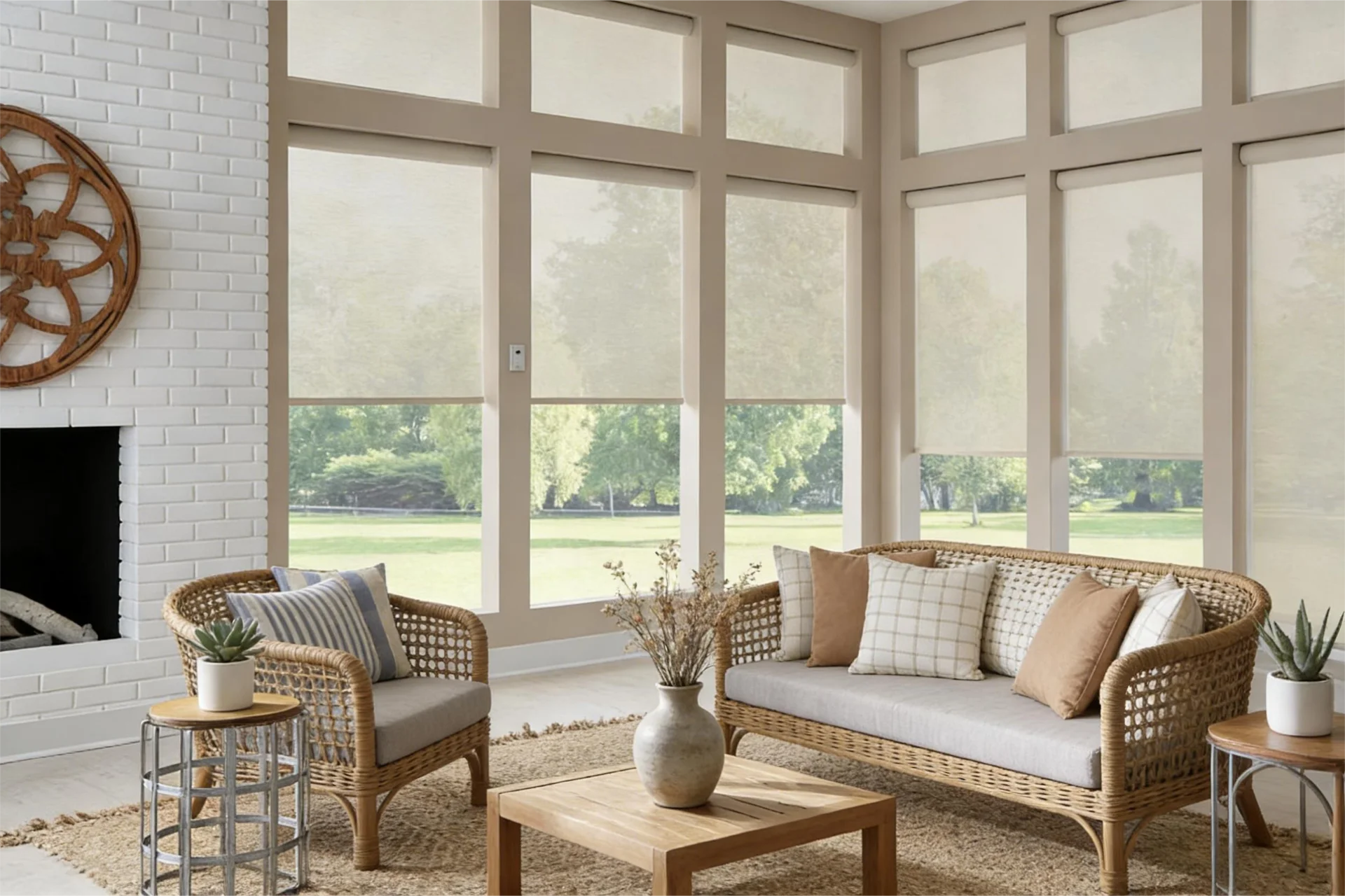 Sunroom featuring rattan furniture and beige cushions, large windows with light-filtering shades, and green views outside.
