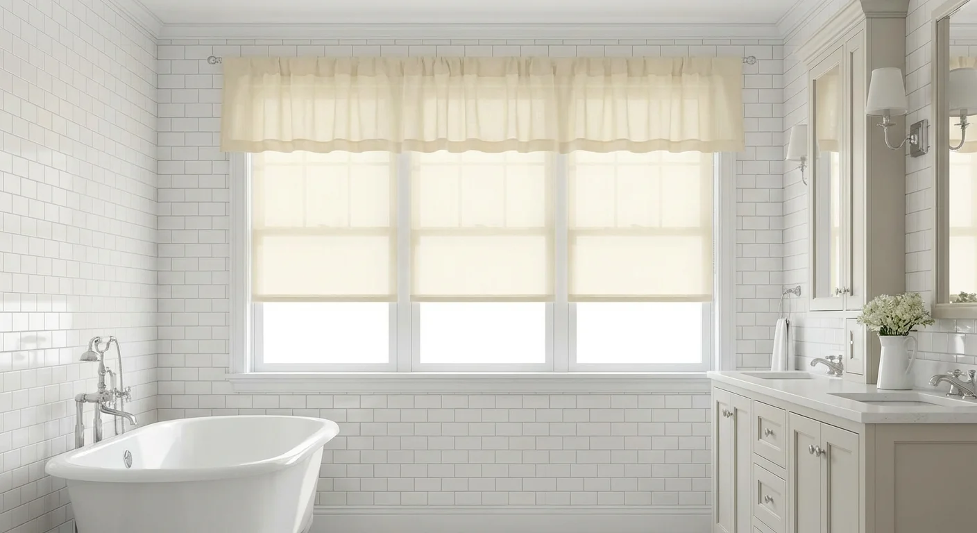 Bright, elegant bathroom with white subway tiles, classic freestanding tub, large windows, beige curtains, and white cabinetry.