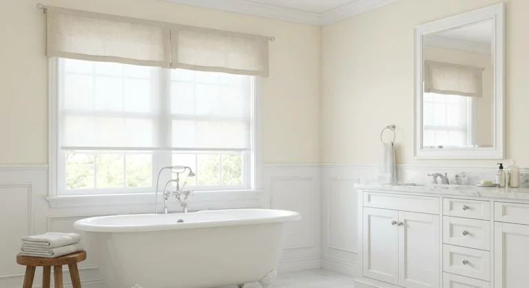 Bright bathroom featuring a freestanding tub, wooden stool with folded towels, large window with sheer curtains, and a marble-topped vanity.