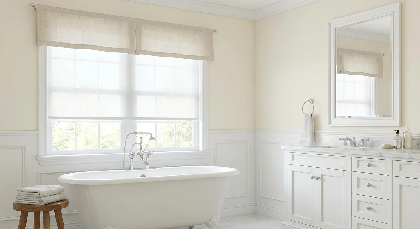 Bright bathroom featuring a freestanding tub, wooden stool with folded towels, large window with sheer curtains, and a marble-topped vanity.