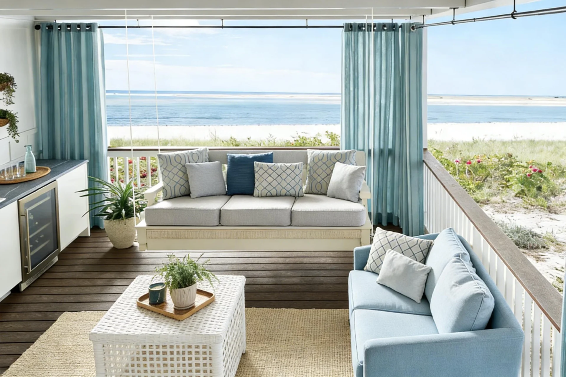 Oceanfront patio featuring a comfortable sofa and couch with decorative pillows, a wicker table, and sea views framed by blue curtains.