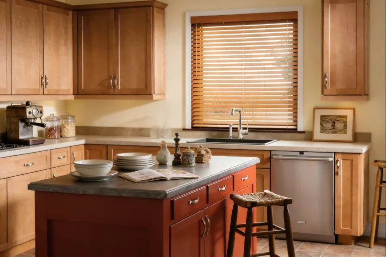 Kitchen interior featuring warm wooden cabinets, red island, and stainless steel appliances. A bright window with blinds adds natural light.