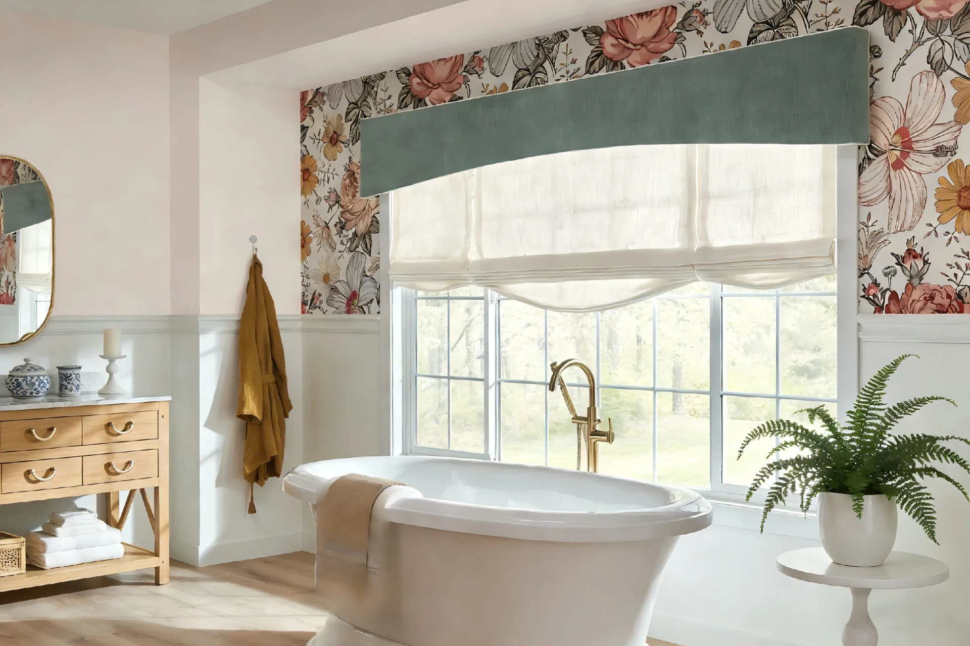 Beautiful bathroom featuring floral wallpaper, a white clawfoot tub, wooden dresser, and large window with natural light.