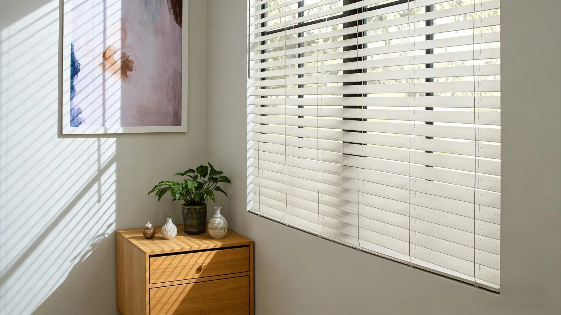 Composite and faux wood blinds in a moisture-resistant interior space