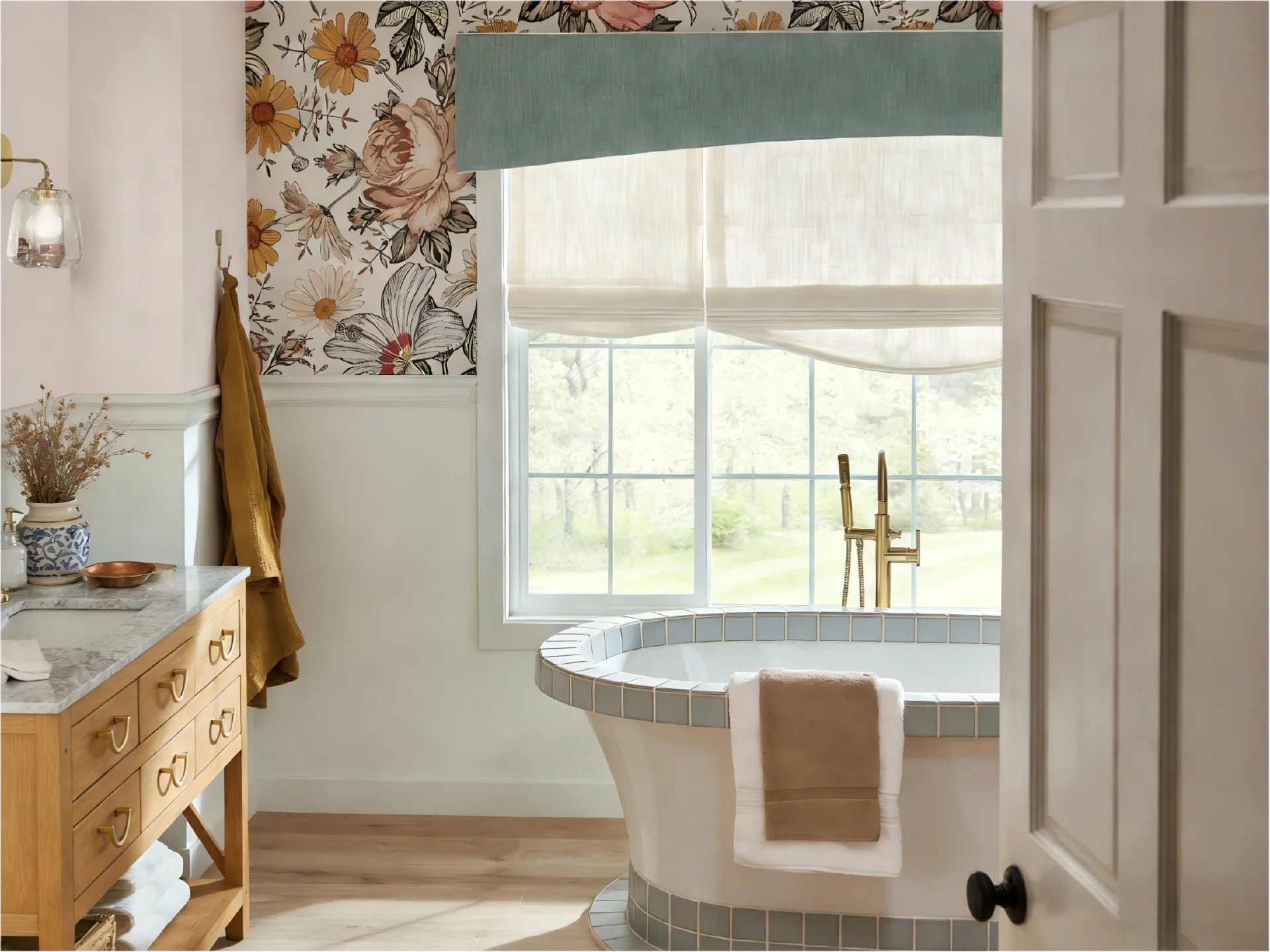 Vintage bathroom featuring floral wallpaper, large window, freestanding tub with towel, and wooden vanity with marble top.