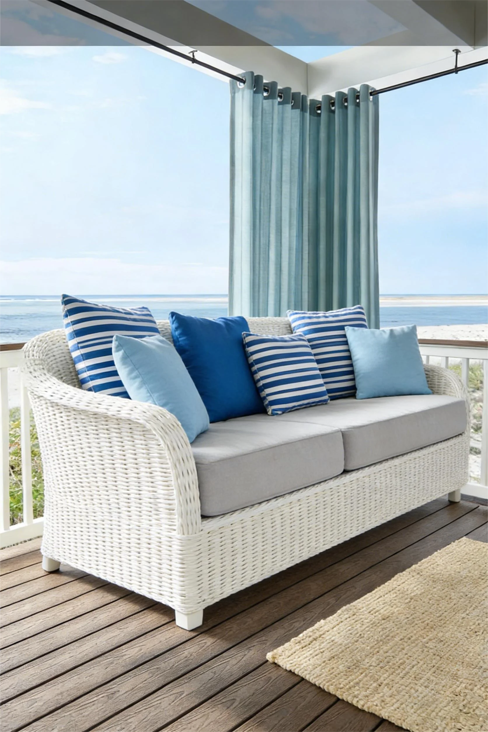 Wicker sofa with blue and striped pillows on a patio with ocean view and curtains.