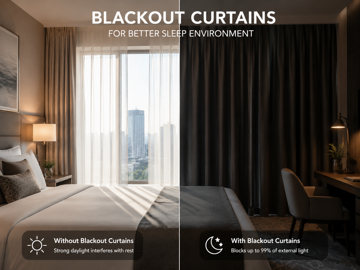 Hotel room comparison showing daylight through sheers and a darker room with blackout curtains