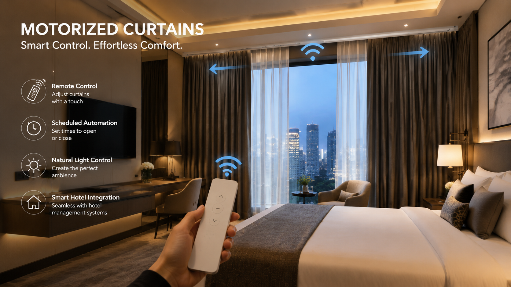 Hotel guest using a remote control to operate motorized curtains in a smart room