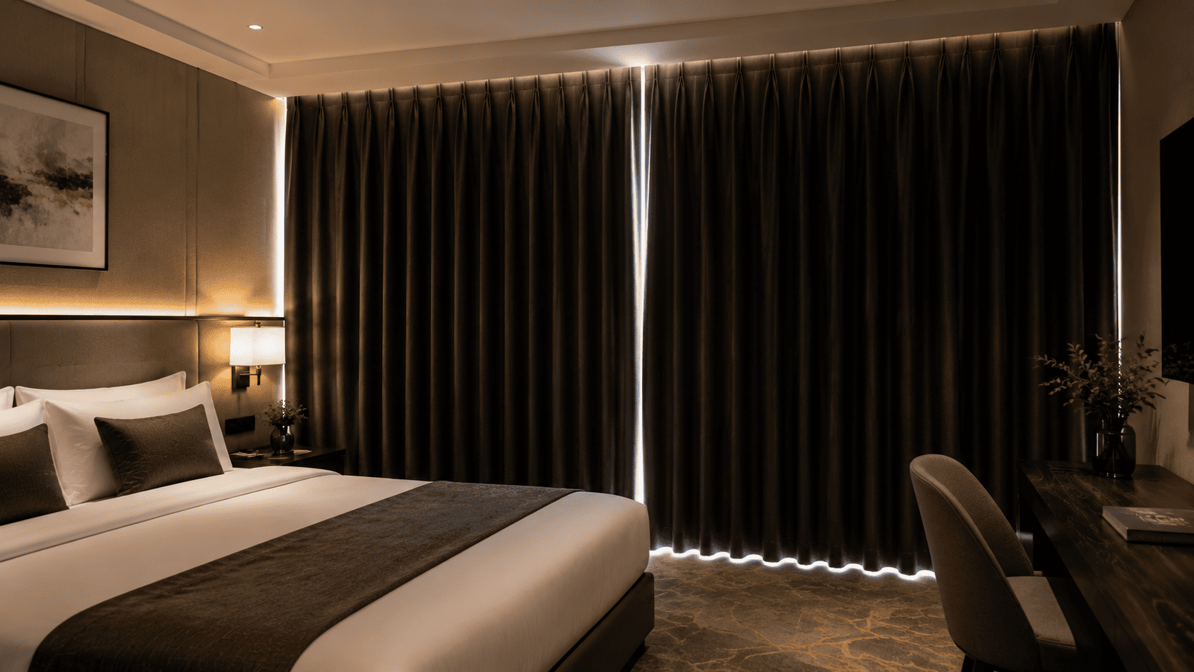 Hotel blackout curtains showing light at the center opening and room edges