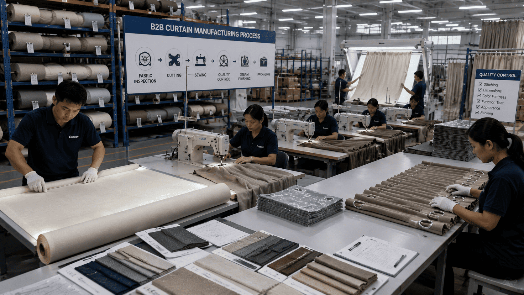 B2B curtain manufacturing floor with fabric inspection, cutting, sewing, finishing, and quality control