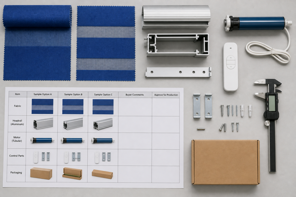 Cobalt blue blind fabrics, headrails, motor, controls, hardware, and packaging prepared for sample approval