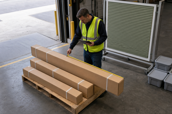 Warehouse inspector checking sage green cellular shades, long cartons, package dimensions, and shipment records