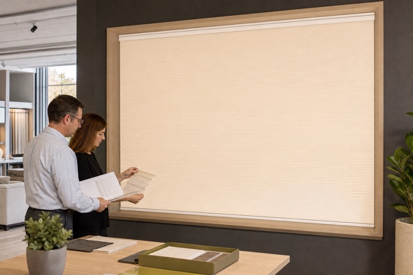Ivory cellular shade in a commercial showroom while B2B buyers review specifications
