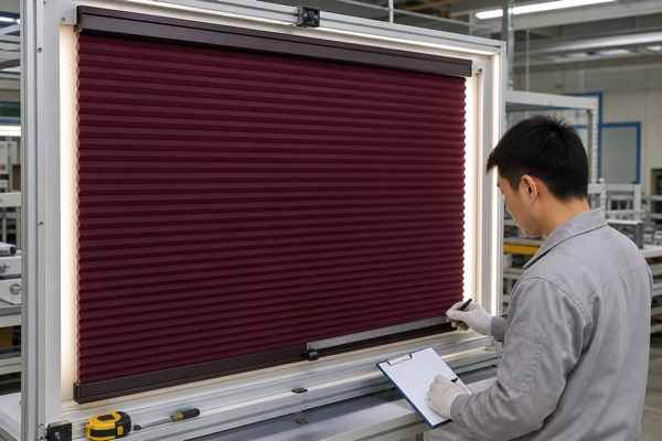 Burgundy blackout cellular shade undergoing dimensional, rail, and light-gap inspection in a factory QC station
