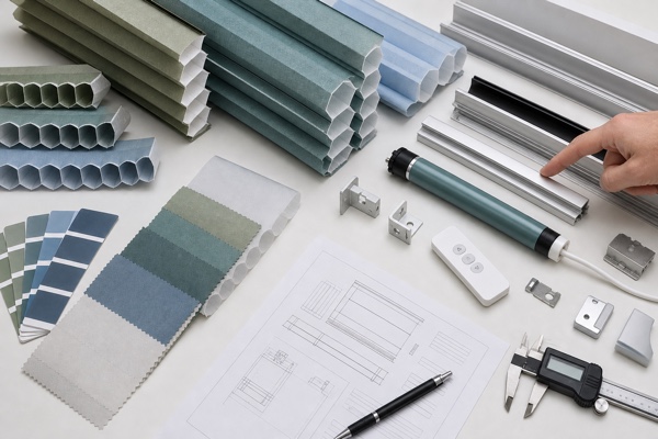 Sage and blue cellular shade samples, rails, motor, and components prepared for specification review