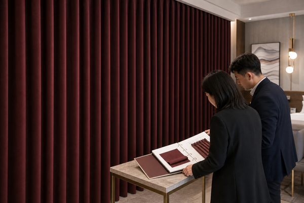B2B buyer reviewing burgundy hotel curtains with a China window-treatment supplier