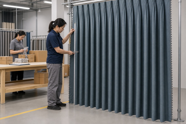 Inspector checking slate-blue finished curtains and project packing records