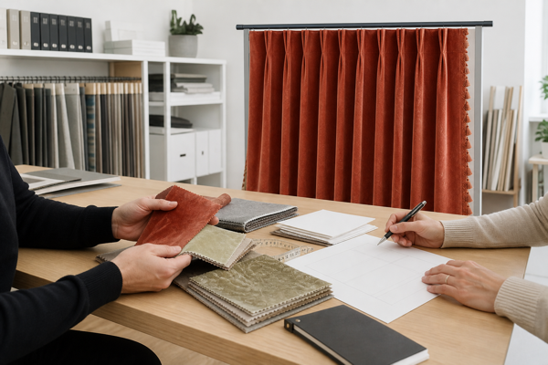 Procurement team reviewing a rust-red curtain mock-up and fabric samples