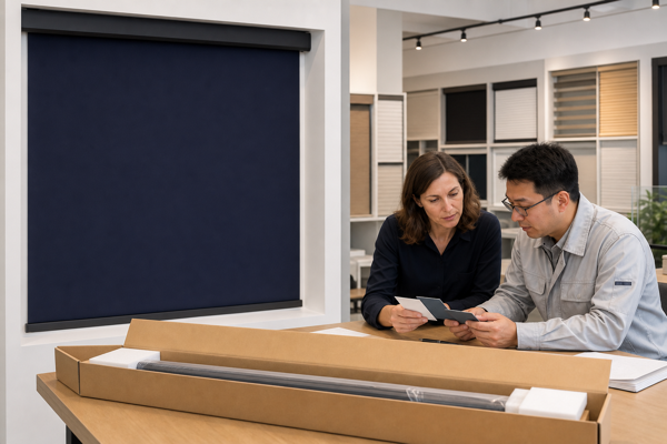 Packaging engineer and buyer reviewing a navy roller shade, protective inserts, labels, and a long carton