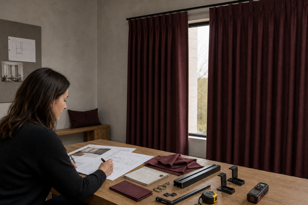 Architect comparing burgundy drapery, track hardware, fabric swatches, and an RFQ specification