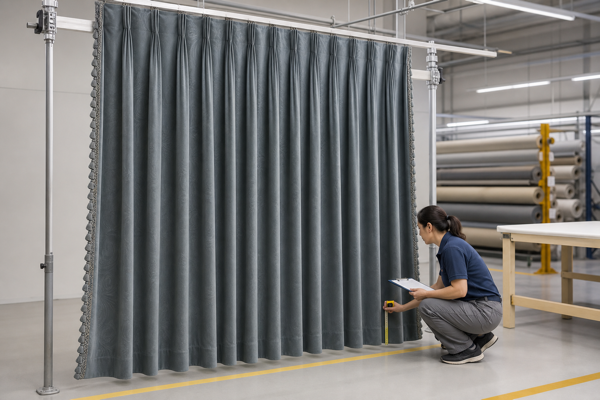 Quality inspector checking the hem of a blue-gray finished curtain