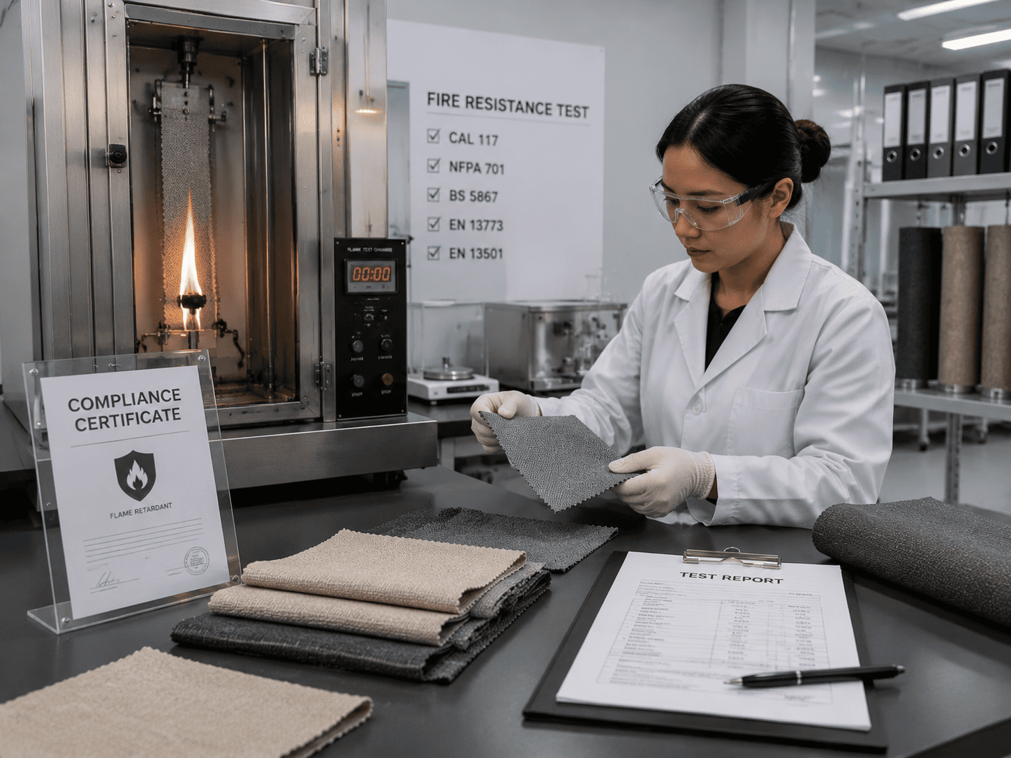 Laboratory technician examining hotel curtain fabric during an illustrative flame test