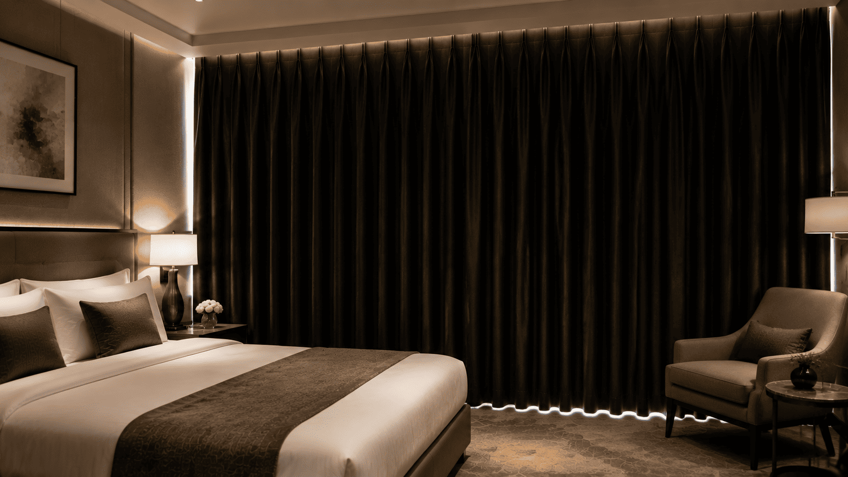 Dark blackout curtains installed across a hotel bedroom window