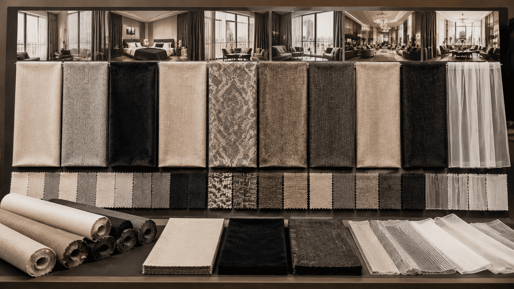 Hotel curtain fabric comparison board with solids, textured materials, patterned fabrics, and sheers