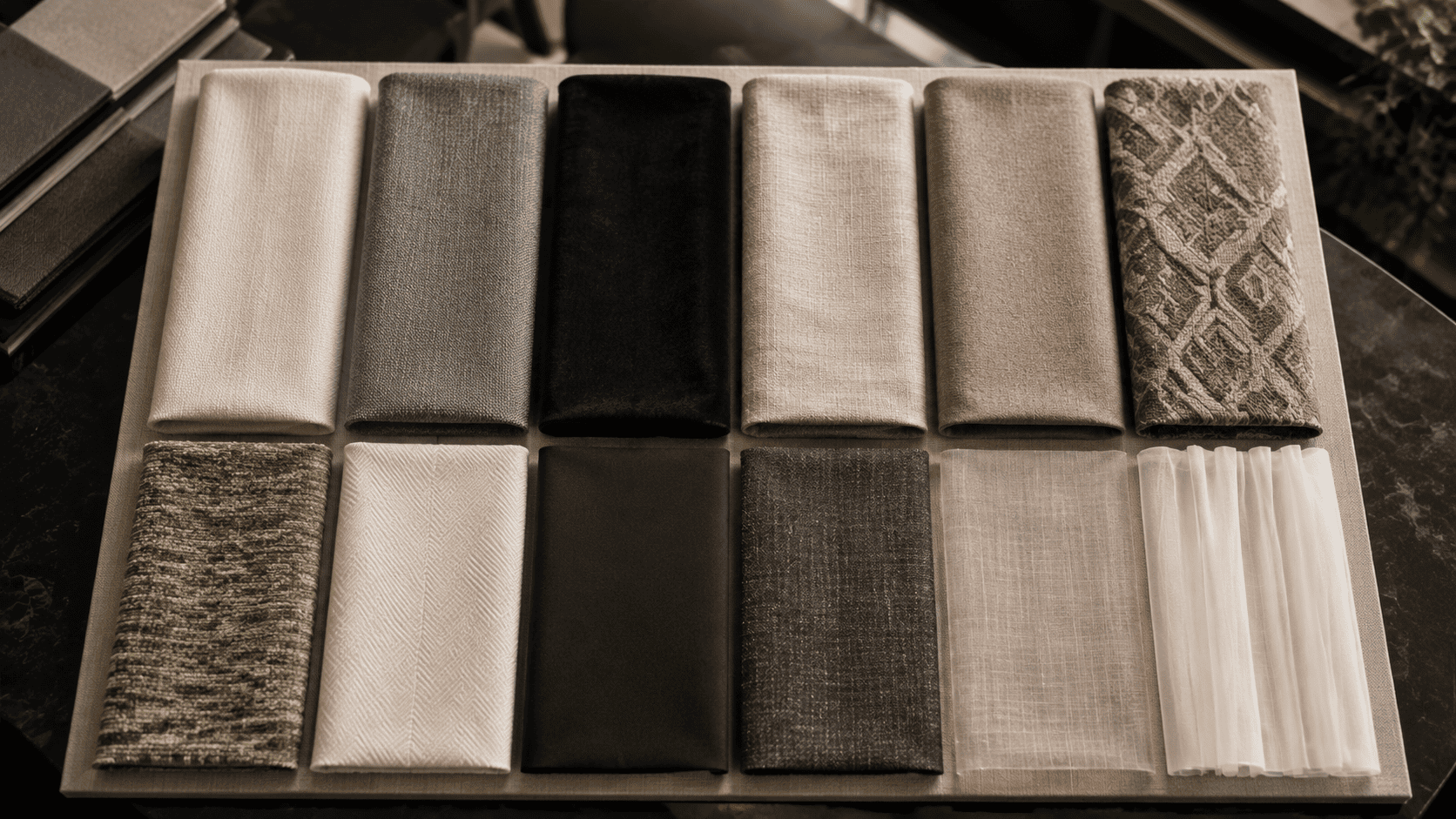 Twelve neutral hotel curtain fabric samples arranged on a B2B specification board