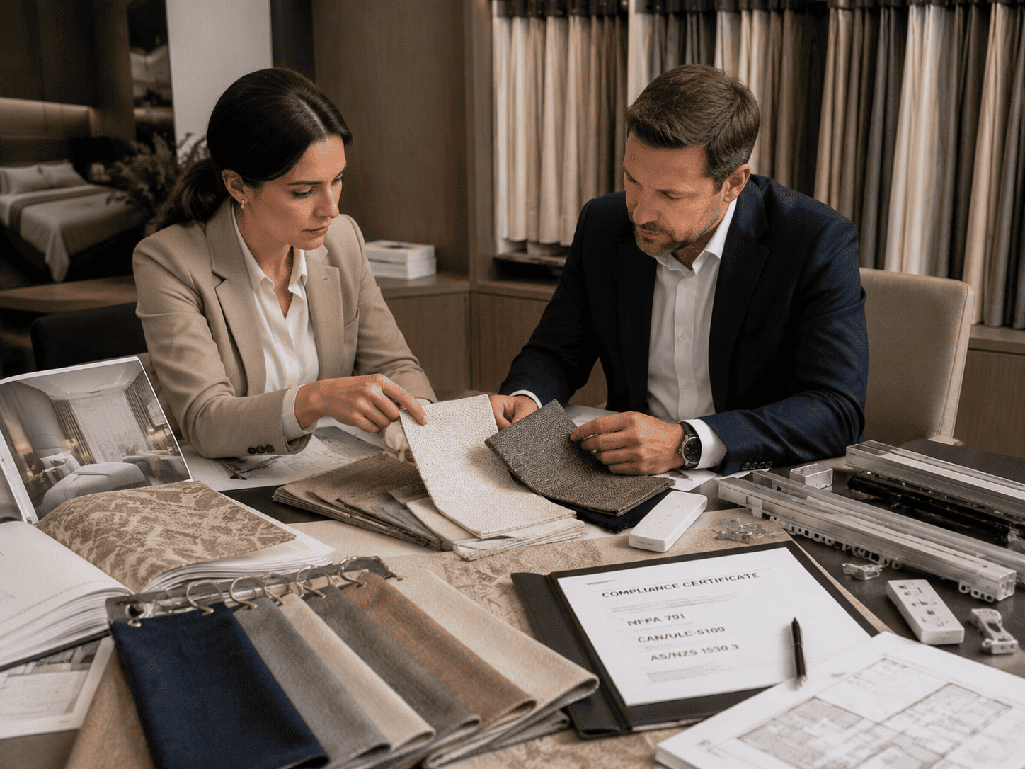 Hotel project buyers reviewing curtain fabric samples, tracks, drawings, and compliance documents