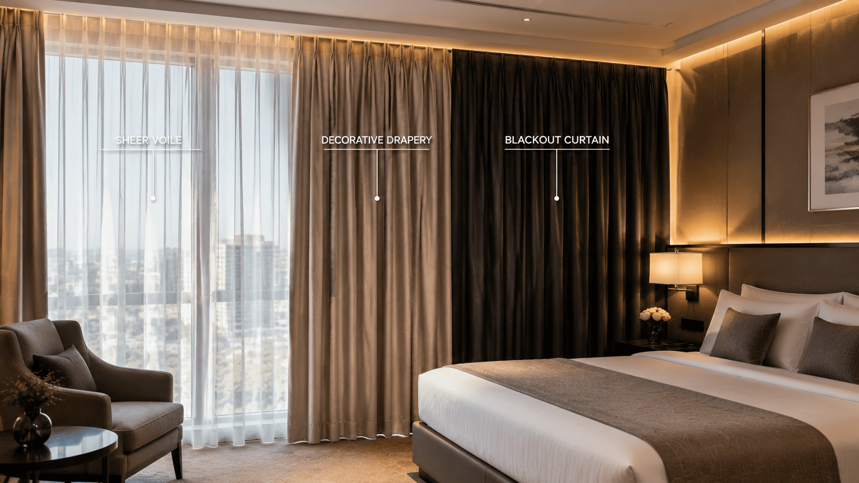Hotel window design comparing sheer voile, decorative drapery, and blackout curtain functions
