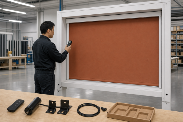 Technician validating a terracotta motorized shade, remote control, brackets, and packaging